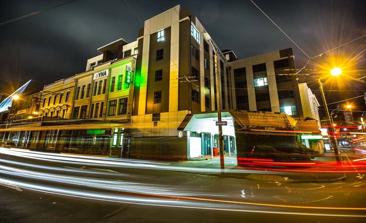 YHA Wellington building exterior nighttime long exposure 