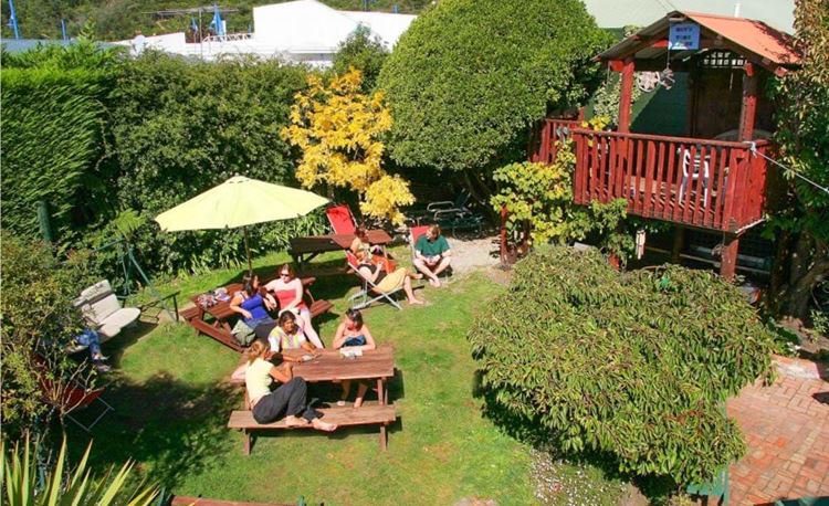 YHA Picton outdoor backyard with picnic tables and youth travelers