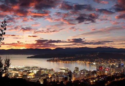 YHA wellington view of the city and harbor at dawn