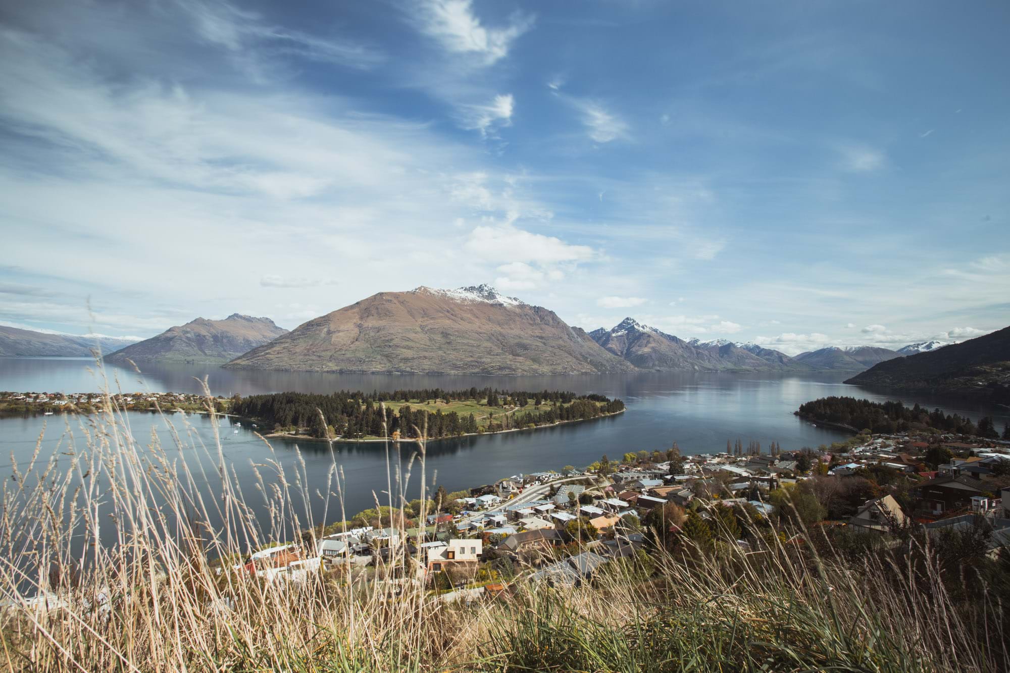 Scenic views over Queenstown of Lake Wakatipu and the Remarkables